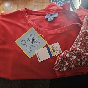 CeCe Red Shirt Witg Floral Sleeves